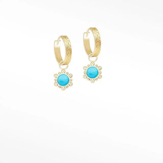 Athena 7mm sleeping beauty turquoise 14k yellow gold convertible earrings with textured hoops and turquoise stone flower charms