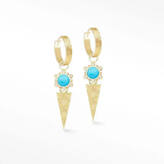 Gold-toned hoop earrings with sleeping beauty turquoise sunburst and diamond accents on textured pendants in turquoise 14k yellow gold