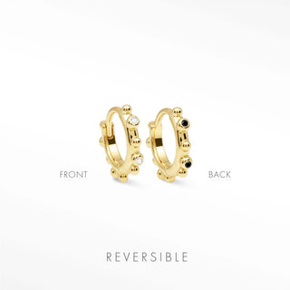 Athena diamond 14k yellow gold hoops 13mm reversible huggies with clear and black gemstones in a beaded design