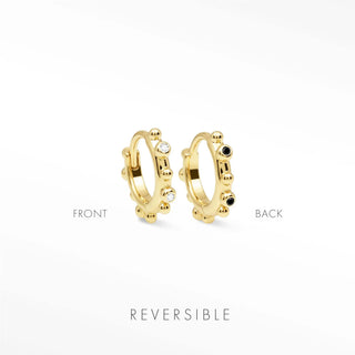 Athena diamond 14k yellow gold hoops 13mm reversible huggies with clear and black gemstones in a beaded design