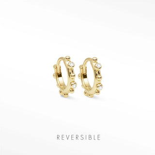 Athena diamond 14k yellow gold hoops 13mm adorned with clear crystals and polished spherical beads reversible huggies