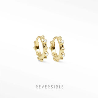 Athena diamond 14k yellow gold hoops 13mm adorned with clear crystals and polished spherical beads reversible huggies