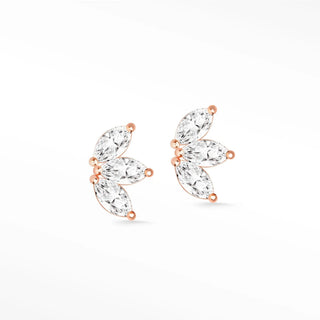 Baby lotus diamond stud earrings in 14k rose gold with three marquise-cut crystals in a leaf design