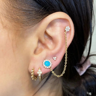 Gold chain cartilage hoop earring with turquoise stone and hoop earring diamond in 14k yellow gold by Nina Wynn