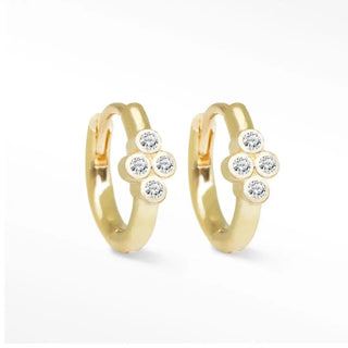 Brielle diamond gold 14k hoop earrings 13mm featuring gold hoops adorned with four clear sparkling diamonds in a flower pattern