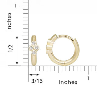 Brielle diamond gold 14k hoop earrings 13mm featuring gold huggie design with four clear cubic zirconia stones cluster