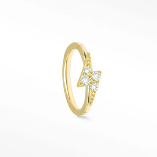 Gold lightning bolt 14k cartilage hoop earring adorned with four clear stones and beaded accent along the band