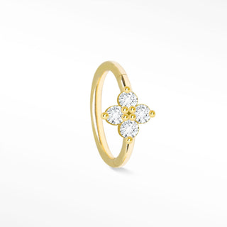 Delicate 14k gold cartilage hoop earrings featuring a four-petal clover design with clear cubic zirconia stones