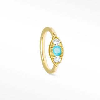 Gold-toned cartilage hoop earring featuring an evil eye 14k design with a turquoise stone and clear diamonds