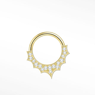 Gold-colored 14k gold cartilage hoop earrings with hinged design and spiked diamond-encrusted detail