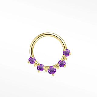Cartilage hoop earrings in 14k gold with five radiant amethysts. Add a regal pop of violet color to your daith
