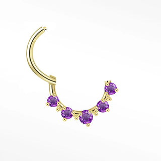 Cartilage hoop earrings in 14k gold with five radiant amethysts. Add a regal pop of violet color to your daith
