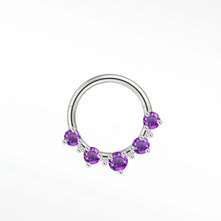 Cartilage hoop earrings in 14k white gold with five radiant amethysts. Add a regal pop of violet color to your daith