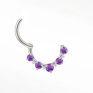 Cartilage hoop earrings in 14k white gold with five radiant amethysts. Add a regal pop of violet color to your daith