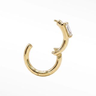 Gold 14k cartilage hoop earrings with hinged design and rectangular clear baguette diamond accent
