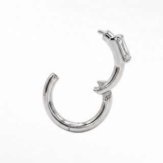 Cartilage hoop earrings with a 14k white gold baguette lab diamond. Handcrafted for snug fit and modern glow this 18g