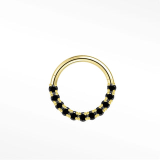 Cartilage hoop earrings in 14k gold with a bold black diamond arc. Contrast warm mysterious obsidian stones