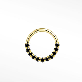 Cartilage hoop earrings in 14k gold with a bold black diamond arc. Contrast warm mysterious obsidian stones