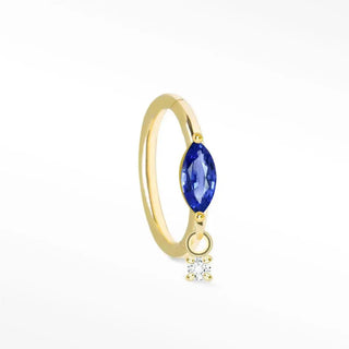 Delicate cartilage hoop earring sapphire movement 14k yellow gold with marquise-cut blue sapphire and dangling diamond