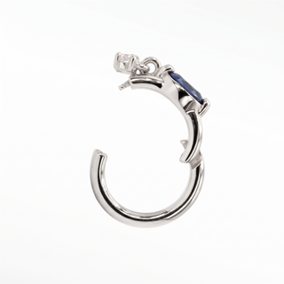 Cartilage hoop earrings with a marquise blue sapphire and dangling lab diamond. Handcrafted in 14k white gold this aria