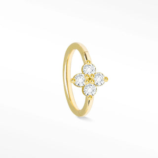Delicate 14k gold cartilage hoop earrings featuring a four-petal clover design with clear cubic zirconia stones