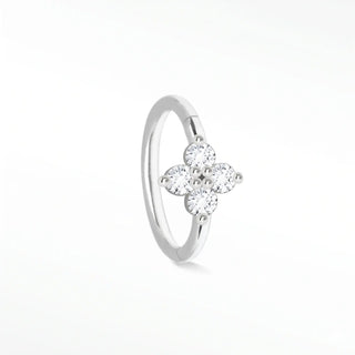 Cartilage hoop earrings showcasing a sparkling lab-grown diamond clover motif. Bring luck and radiant 14k white gold