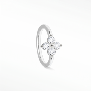 Cartilage hoop earrings showcasing a sparkling lab-grown diamond clover motif. Bring luck and radiant 14k white gold