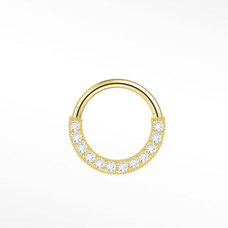 Cartilage hoop earrings in 14k gold with a luxurious 3d domed diamond pavé. Experience immersive multi-angle brilliance