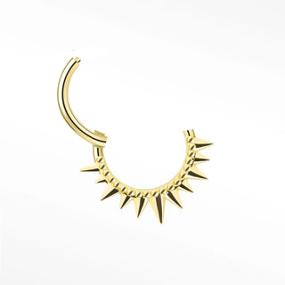 Gold 14k cartilage hoop earrings with curved hoop and sharp spikes designed for cartilage piercing use