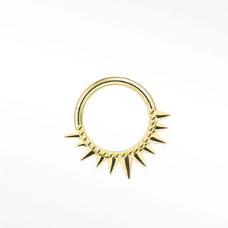 Gold 14k cartilage hoop earrings with sharp evenly spaced spikes inspired by the pave iron throne design