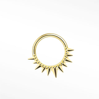 Gold 14k cartilage hoop earrings with sharp evenly spaced spikes inspired by the pave iron throne design