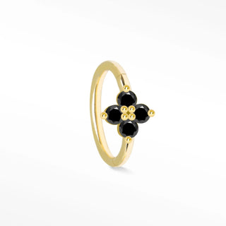 Cartilage hoop earrings in 14k gold with a striking clover black diamond design. Shop bold sophisticated piercing