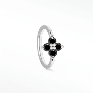 Cartilage hoop earrings in 14k white gold with a striking clover black diamond design. Shop bold sophisticated piercing