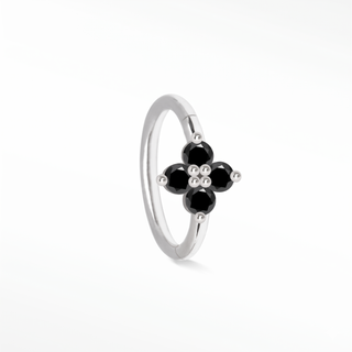 Cartilage hoop earrings in 14k white gold with a striking clover black diamond design. Shop bold sophisticated piercing