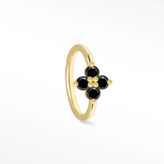 Cartilage hoop earrings in 14k gold with a striking clover black diamond design. Shop bold sophisticated piercing