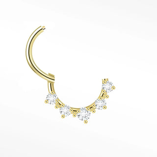 Cartilage hoop earrings in 14k gold with five radiant lab diamonds. Brighten your daith or septum this sparkling