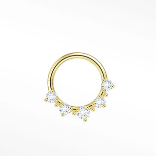 Cartilage hoop earrings in 14k gold with five radiant lab diamonds. Brighten your daith or septum this sparkling