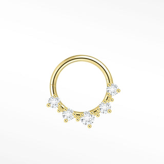 Cartilage hoop earrings in 14k gold with five radiant lab diamonds. Brighten your daith or septum this sparkling