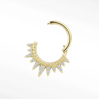 Cartilage hoop earrings in 14k gold with a pavé diamond spiked throne design. Command your curation this bold