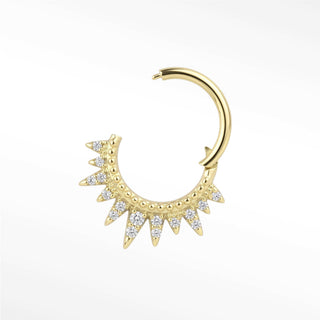 Cartilage hoop earrings in 14k gold with a pavé diamond spiked throne design. Command your curation this bold