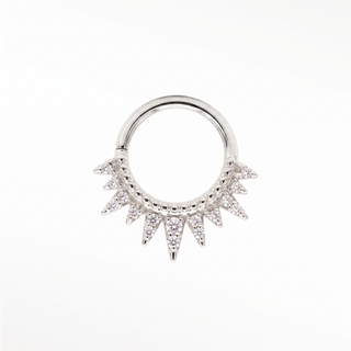 Cartilage hoop earrings in 14k white gold with a pavé diamond spiked throne design. Command your curation this bold