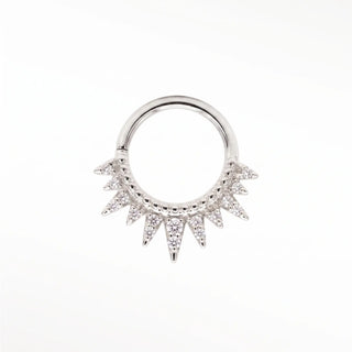 Cartilage hoop earrings in 14k white gold with a pavé diamond spiked throne design. Command your curation this bold