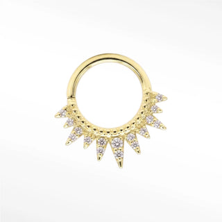 Cartilage hoop earrings in 14k gold with a pavé diamond spiked throne design. Command your curation this bold