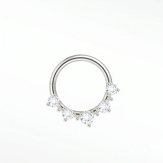 Cartilage hoop earrings in 14k white gold with five radiant lab diamonds. Brighten your daith or septum this sparkling
