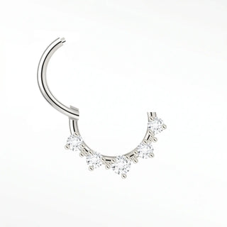 Cartilage hoop earrings in 14k white gold with five radiant lab diamonds. Brighten your daith or septum this sparkling