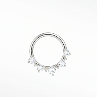 Cartilage hoop earrings in 14k white gold with five radiant lab diamonds. Brighten your daith or septum this sparkling