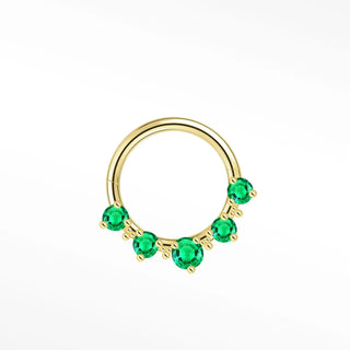 Gold 14k gold cartilage hoop earrings with five vibrant green gemstones in a circular jubilee emerald design