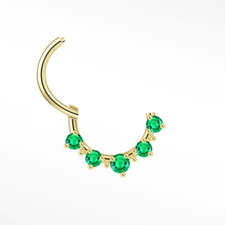 Gold 14k cartilage hoop earrings featuring five vibrant emerald green gemstones along the curved band