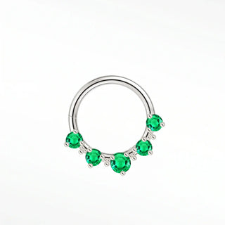 Cartilage hoop earrings in 14k white gold featuring five vibrant emeralds. Radiate botanical luxury and regal green