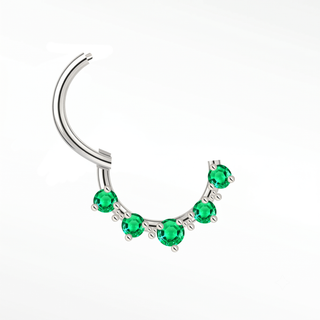 Cartilage hoop earrings in 14k white gold featuring five vibrant emeralds. Radiate botanical luxury and regal green